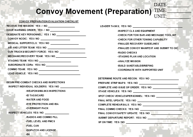 Convoy Movement Evaluation Checksheet