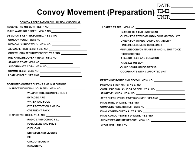 Convoy Checklist Preparation