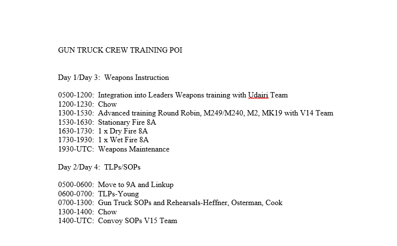 Gun Truck Crew Training, POI