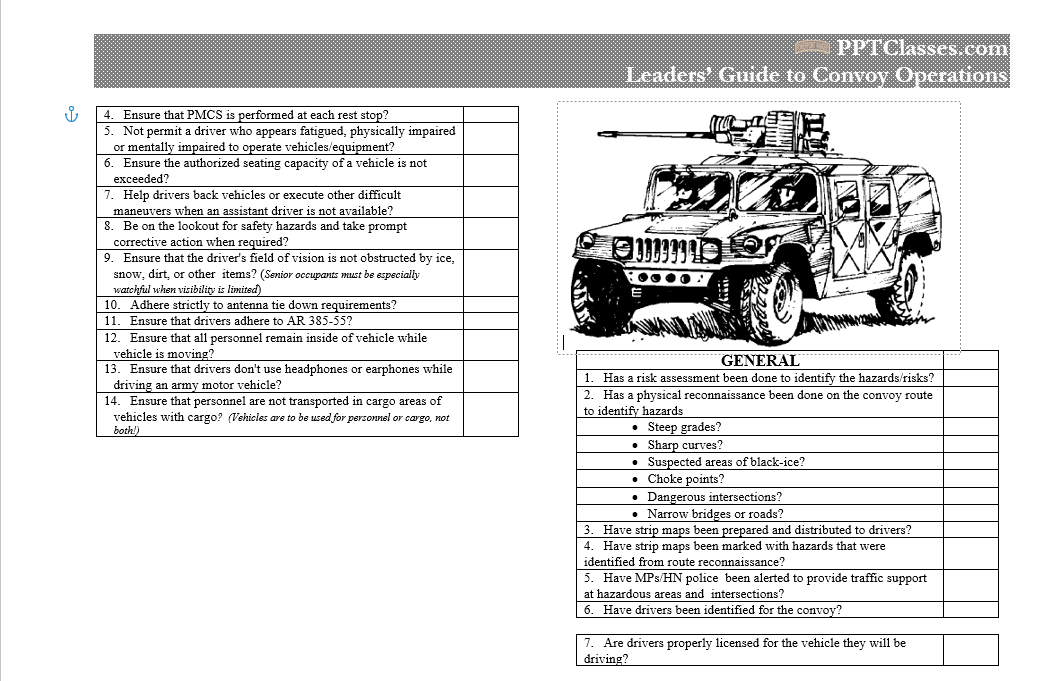 Convoy Operations Checklist PowerPoint Ranger, Premade Military PPT